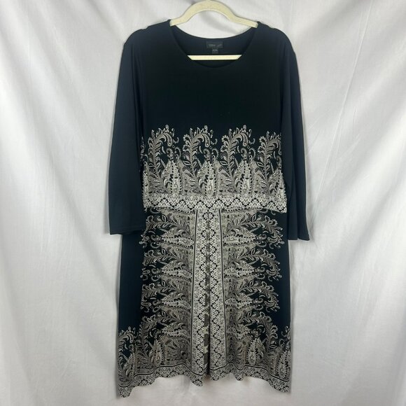 J Jill Wearever Pleated Mirror Paisley Dress Women Large Black Knee 3/4 Sleeves - Picture 2 of 6